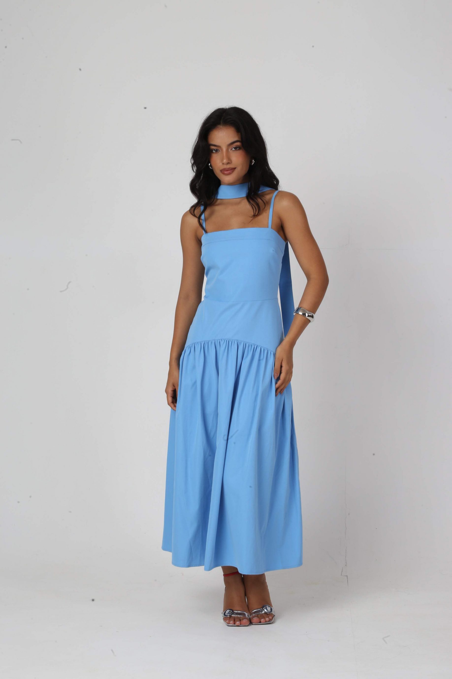 Vestido Midi Tricoline Aurora Azul