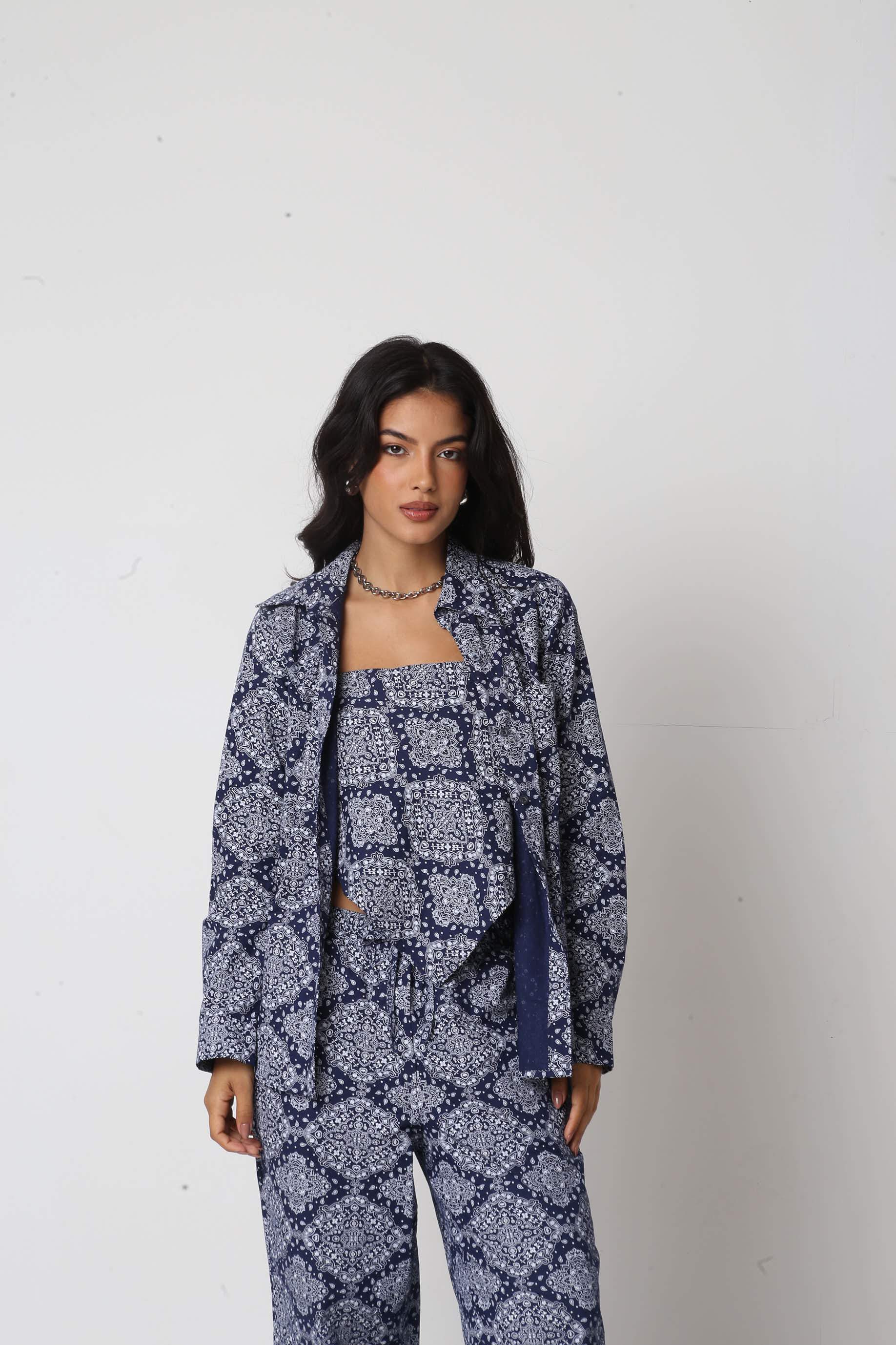 Camisa Algodão Paisley Lídia Azul Marinho