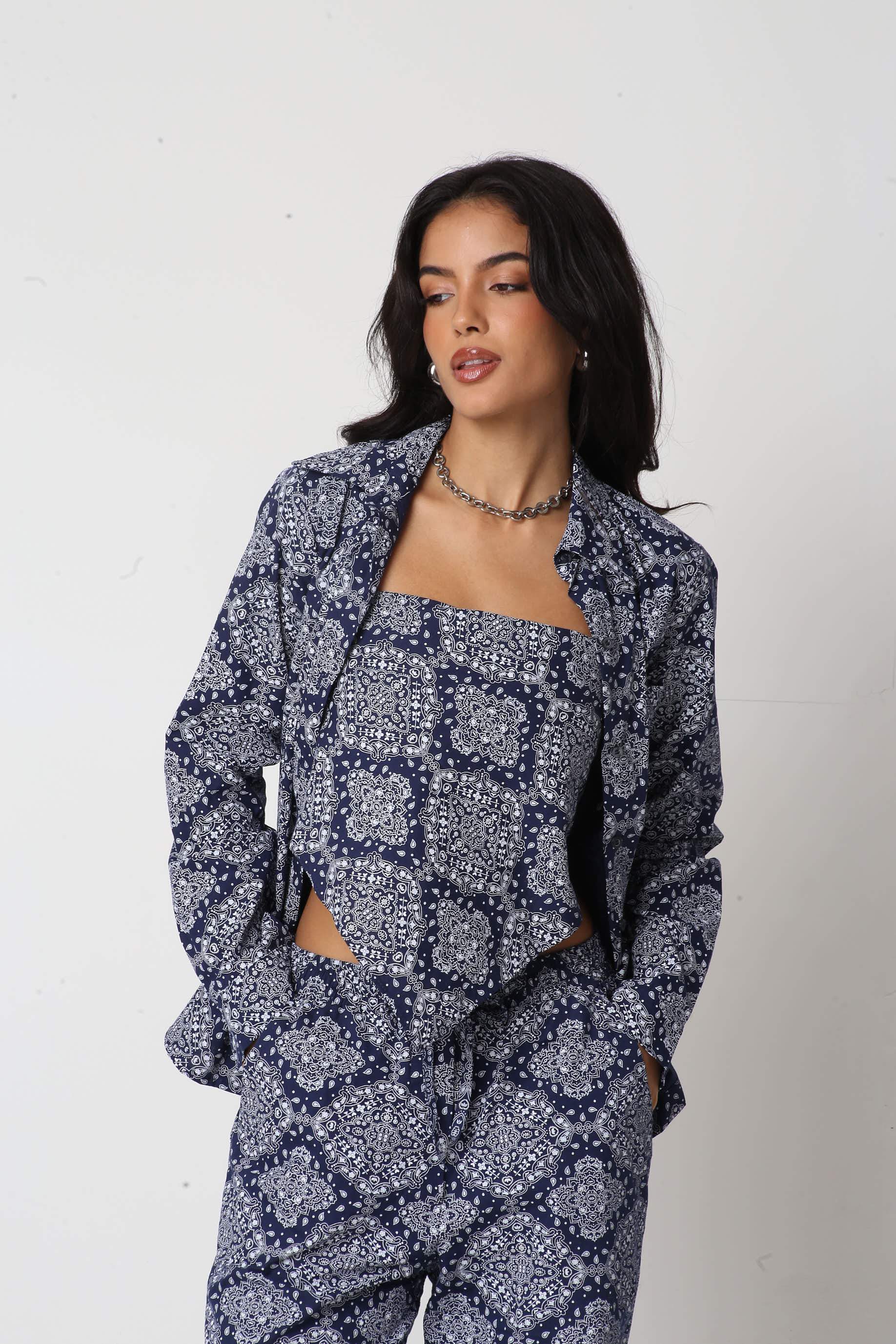 Camisa Algodão Paisley Lídia Azul Marinho