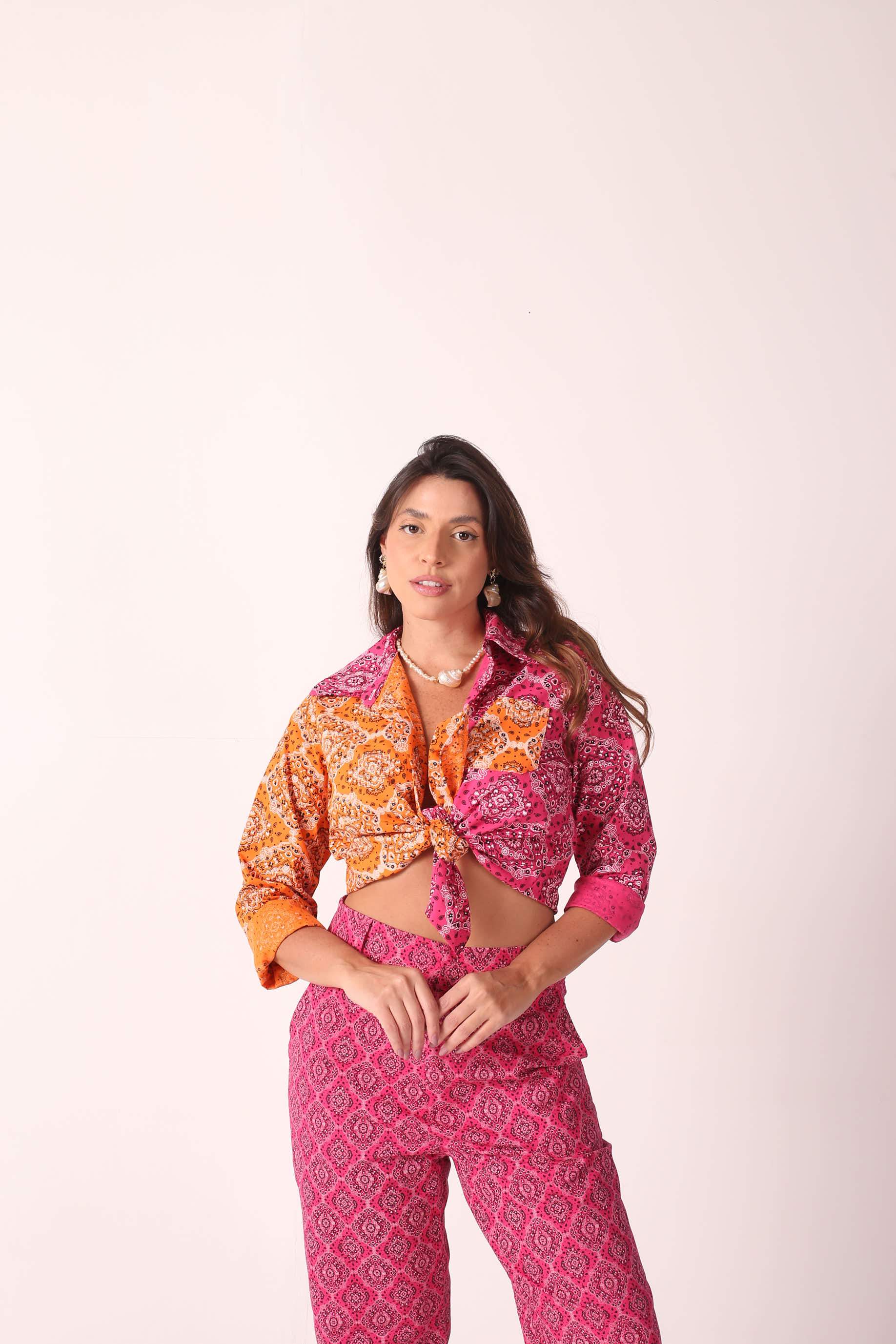 Camisa Algodão Paisley Lídia Rosa/Laranja