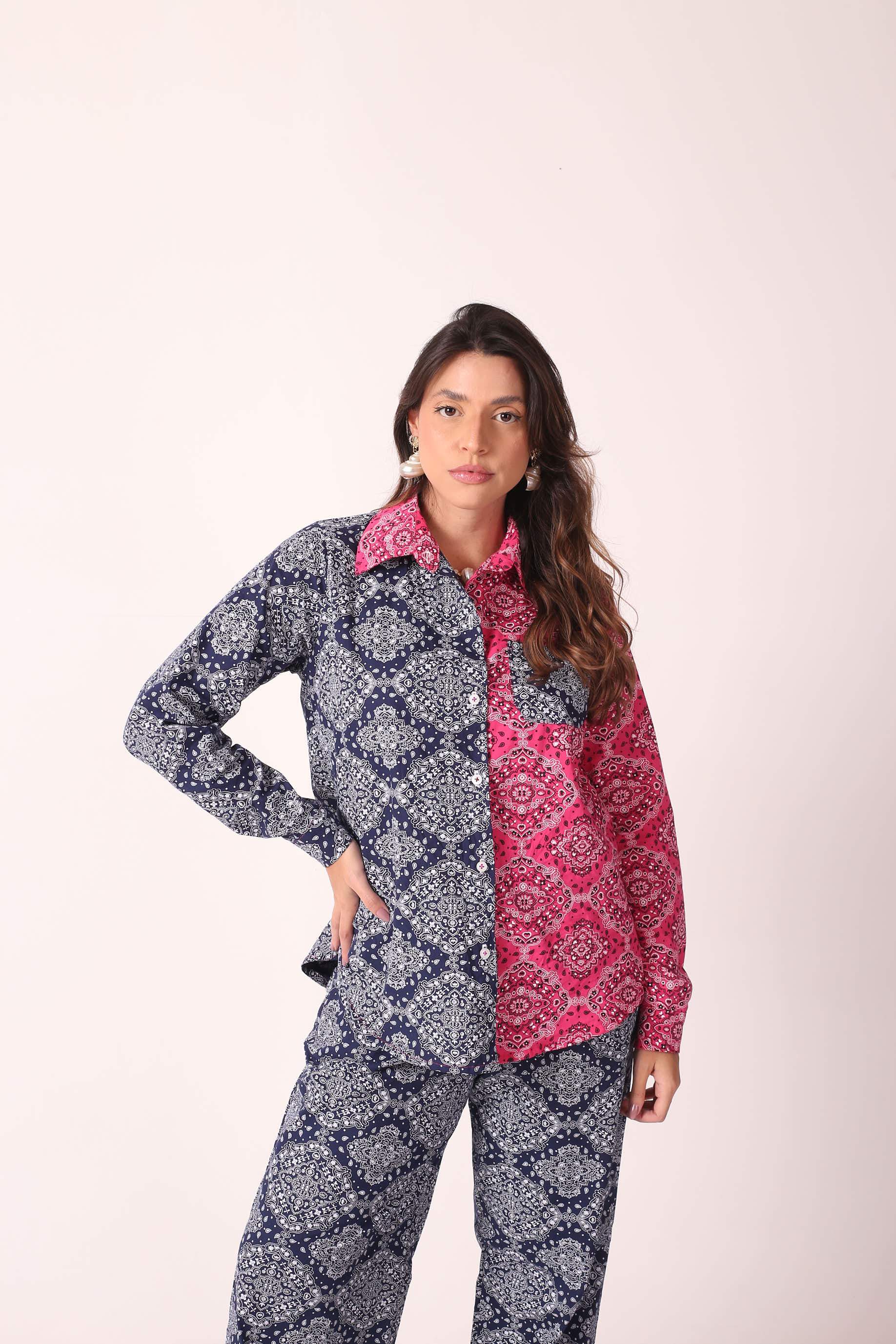 Camisa Algodão Paisley Lídia Rosa/Azul