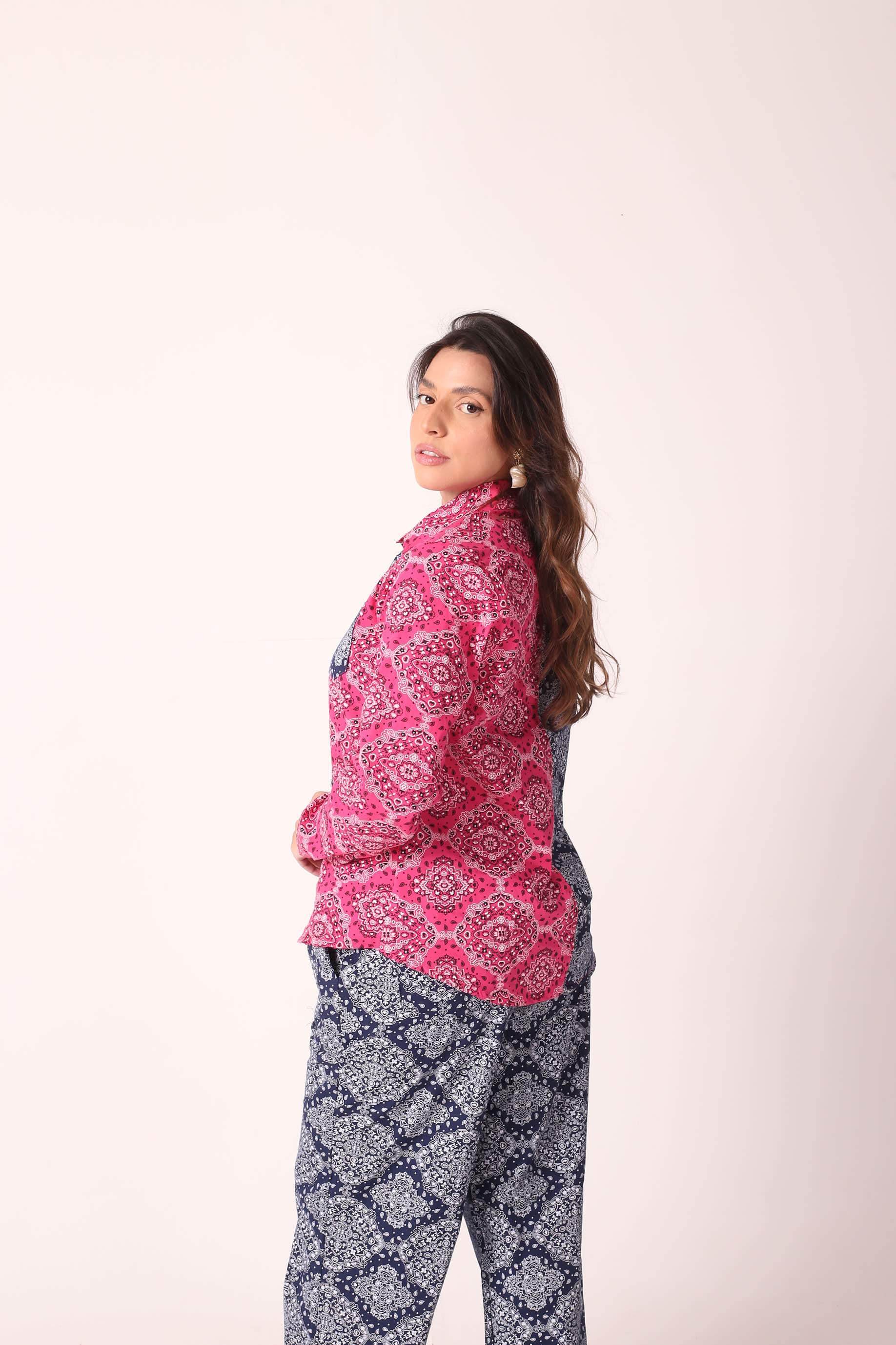 Camisa Algodão Paisley Lídia Rosa/Azul