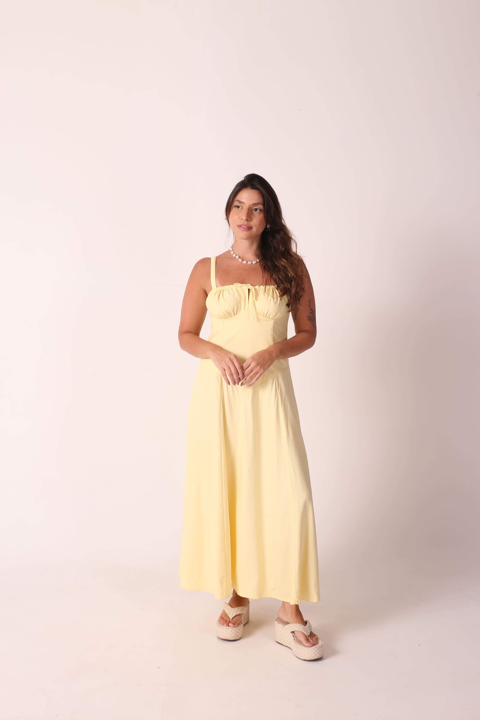 Vestido Linho Flora Amarelo Manteiga