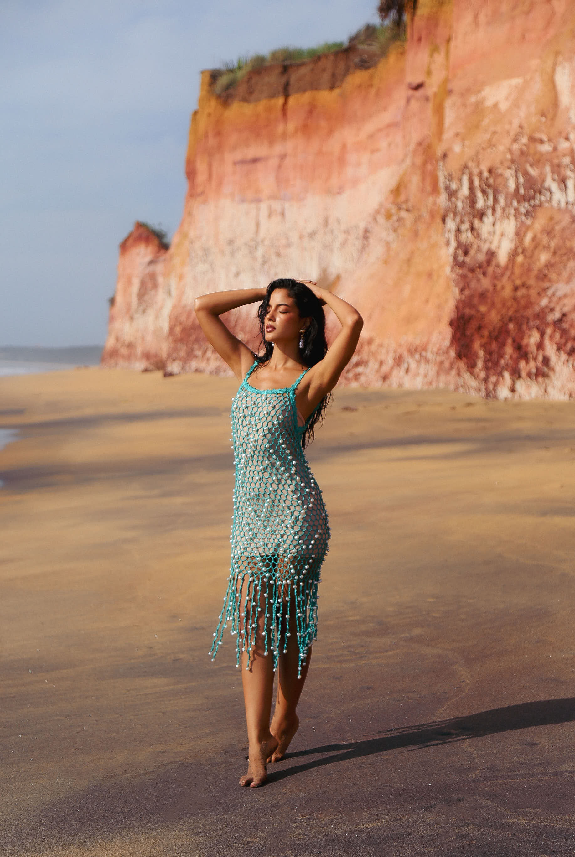 Vestido Croche Perolas Aqua