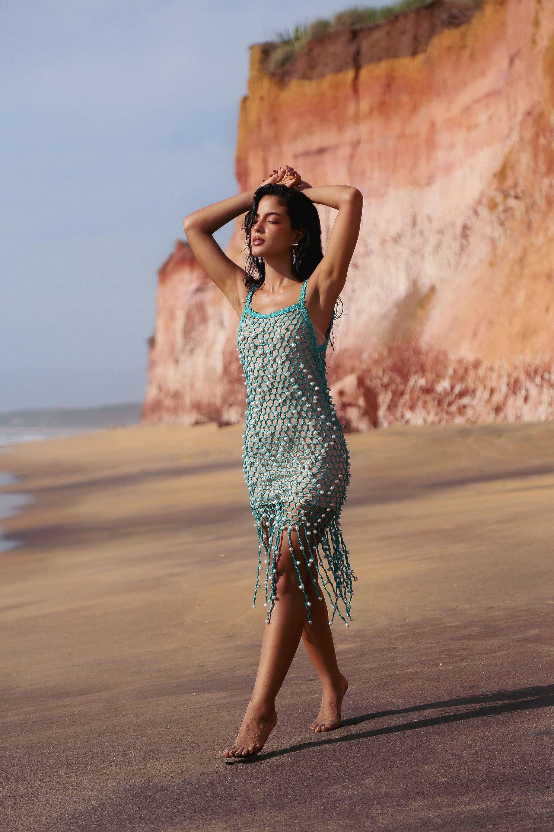 Vestido Croche Perolas Aqua
