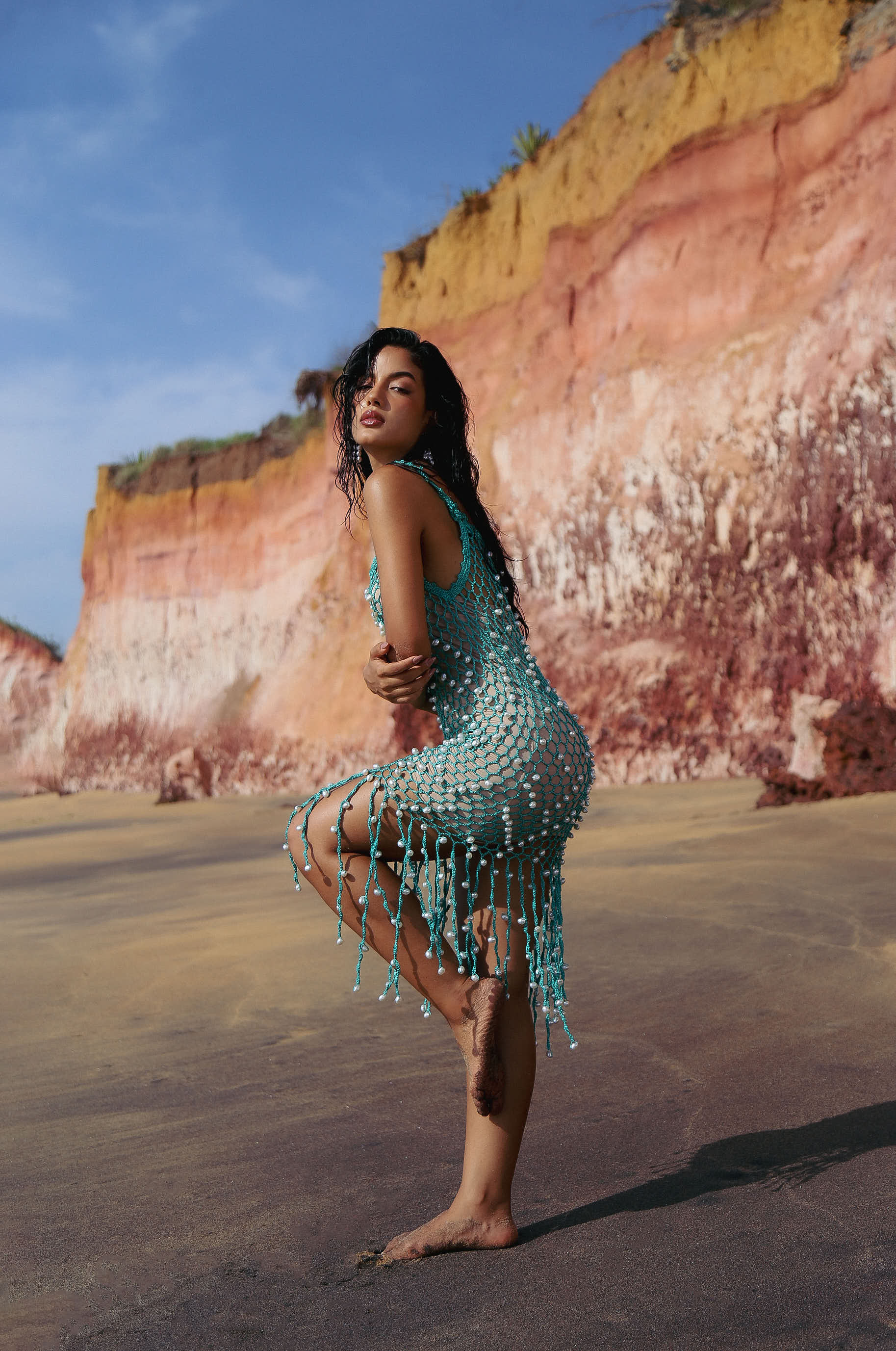 Vestido Croche Perolas Aqua