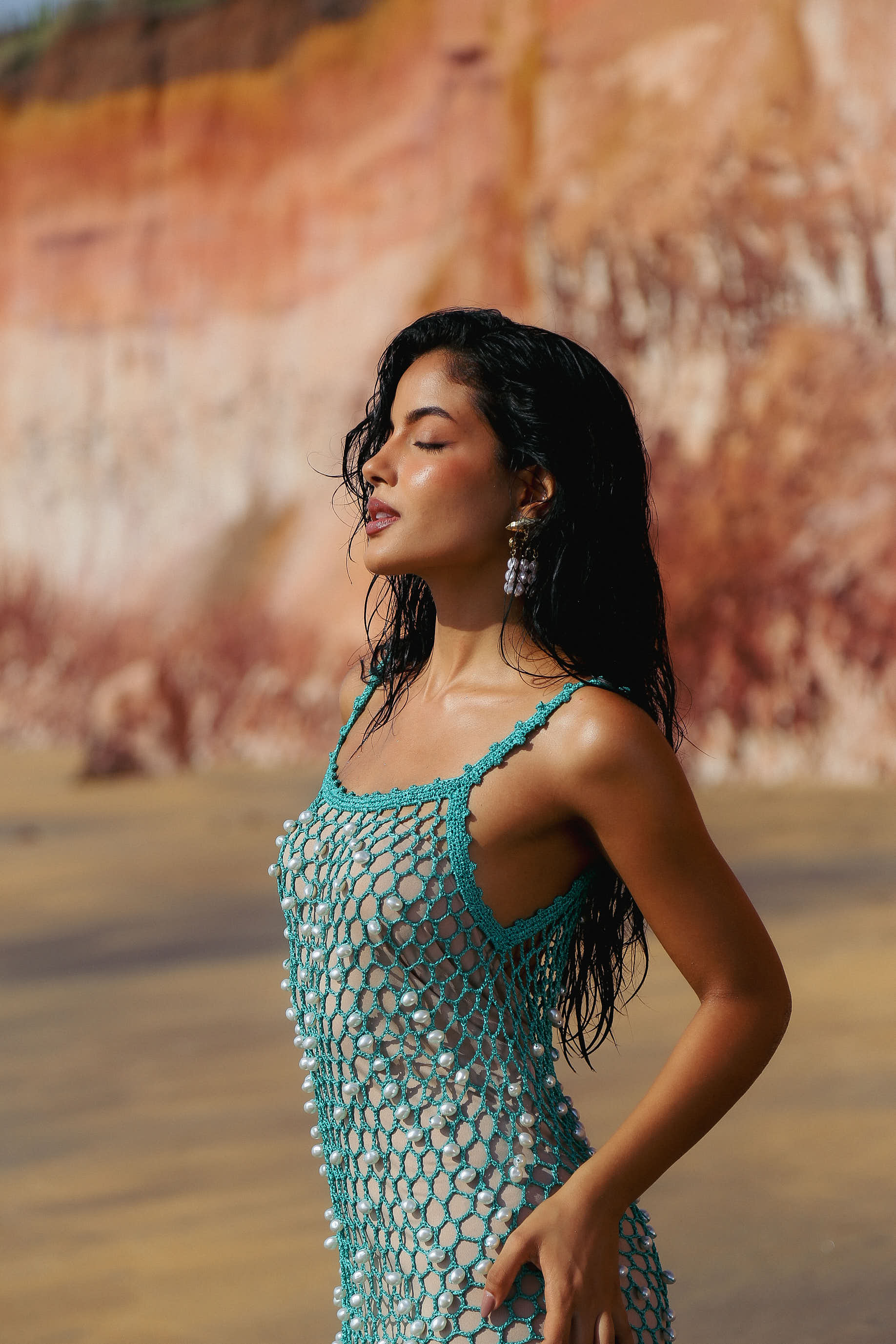 Vestido Croche Perolas Aqua