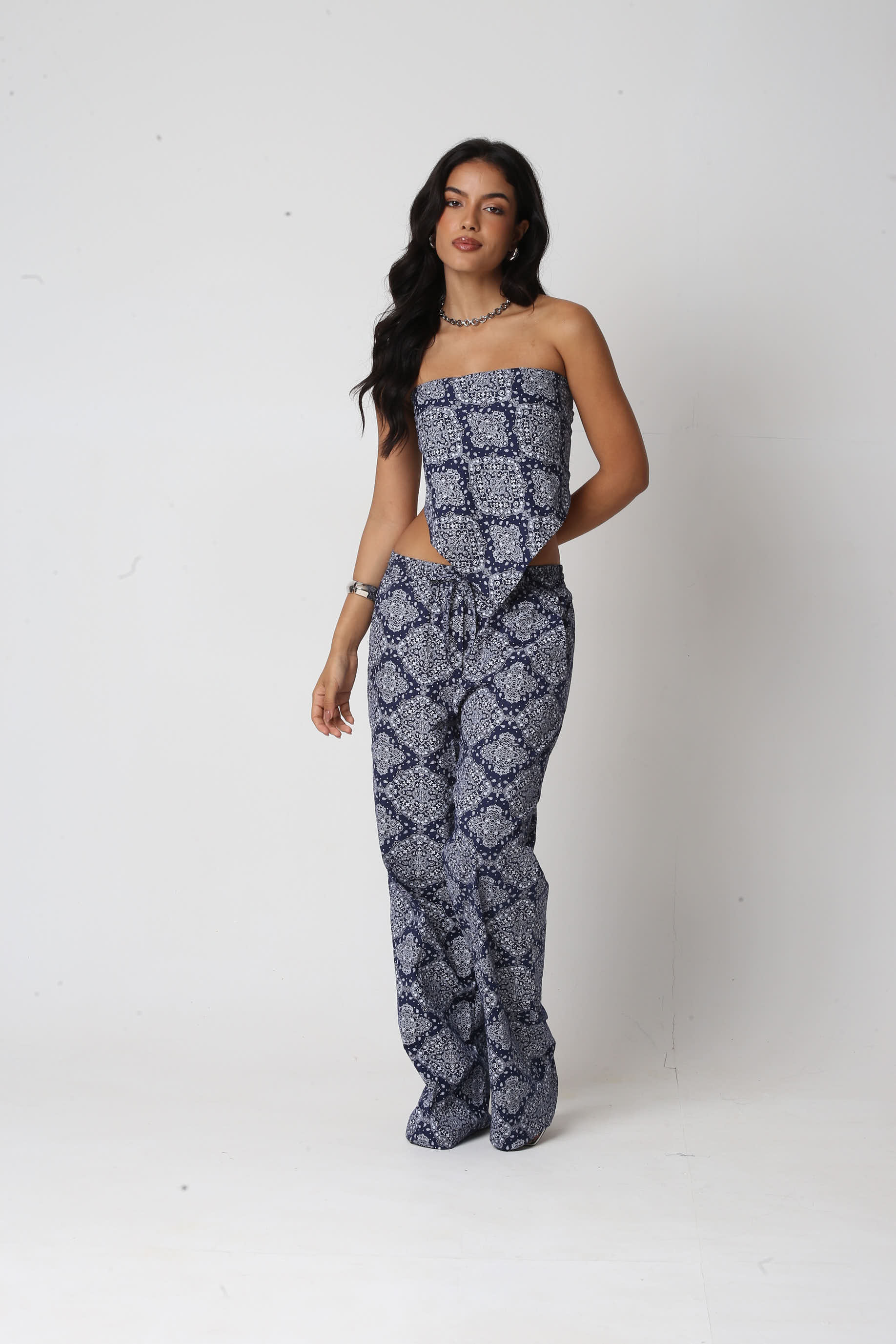 Calça Algodão Paisley Lídia Azul Marinho